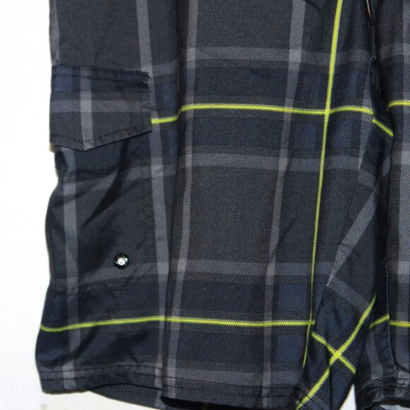 90s Retro Men's Plaid Board Shorts S-36 – Black & Neon Yellow, Cargo Pocket, D - Picture 5 of 6